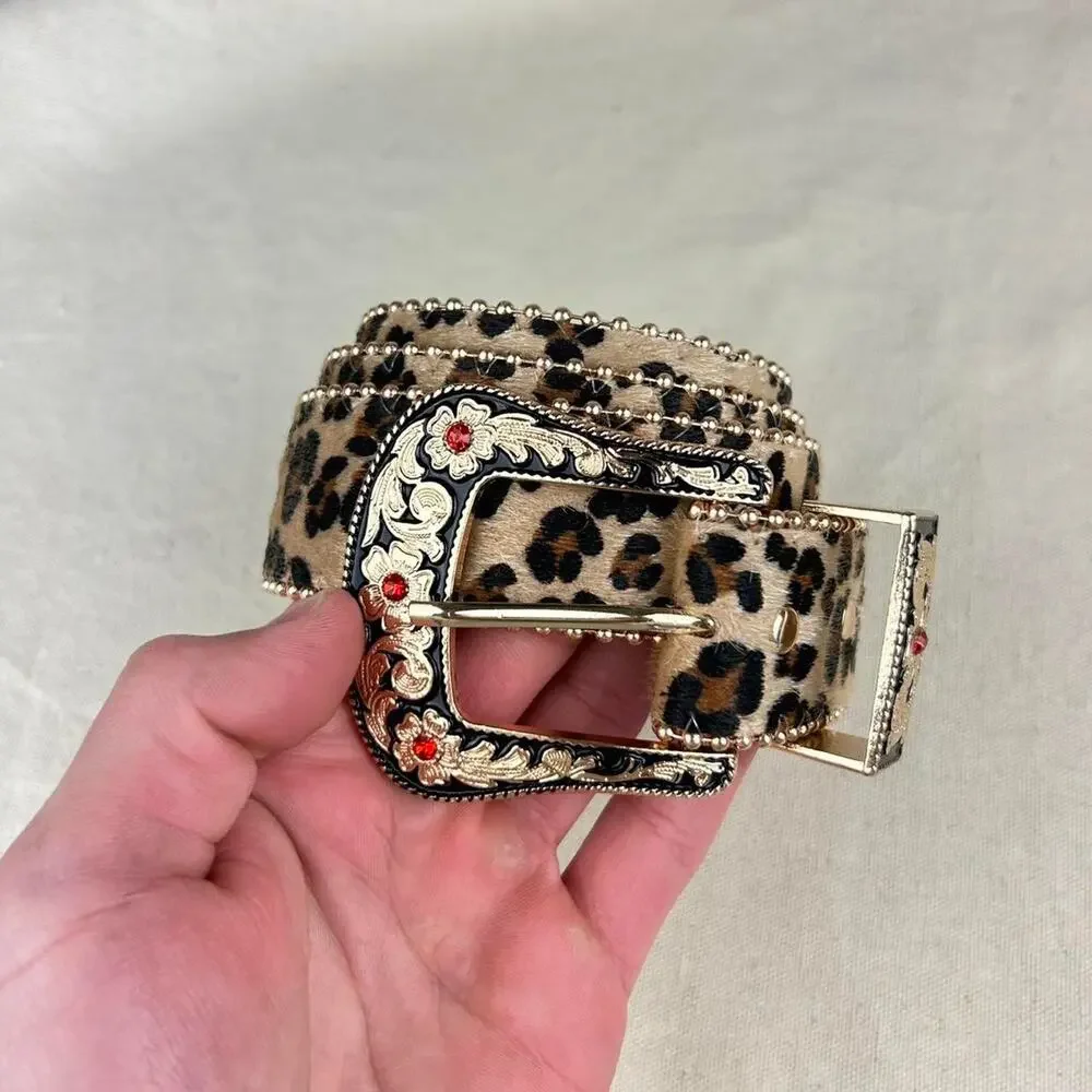 Vintage style cheetah leopard print fur belt western tan and brown bedazzled